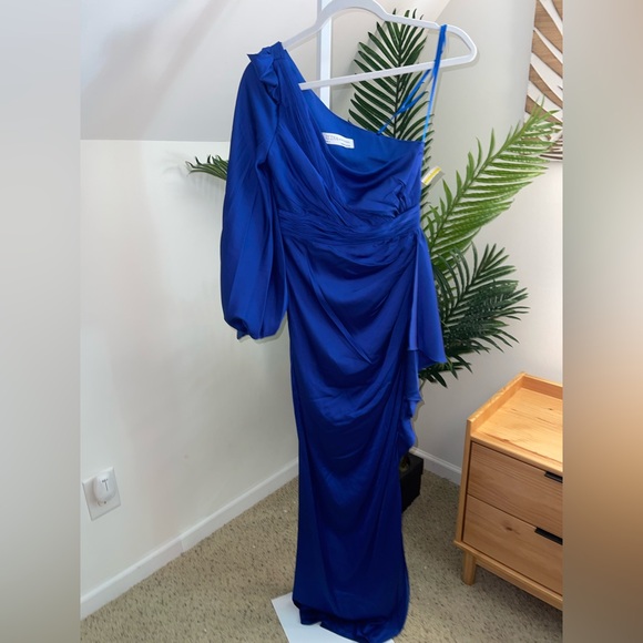 Mac Duggal One Shoulder Bishop Sleeve Gown Maxi Dress 55398‎ Sapphire Blue 2 - Picture 6 of 8